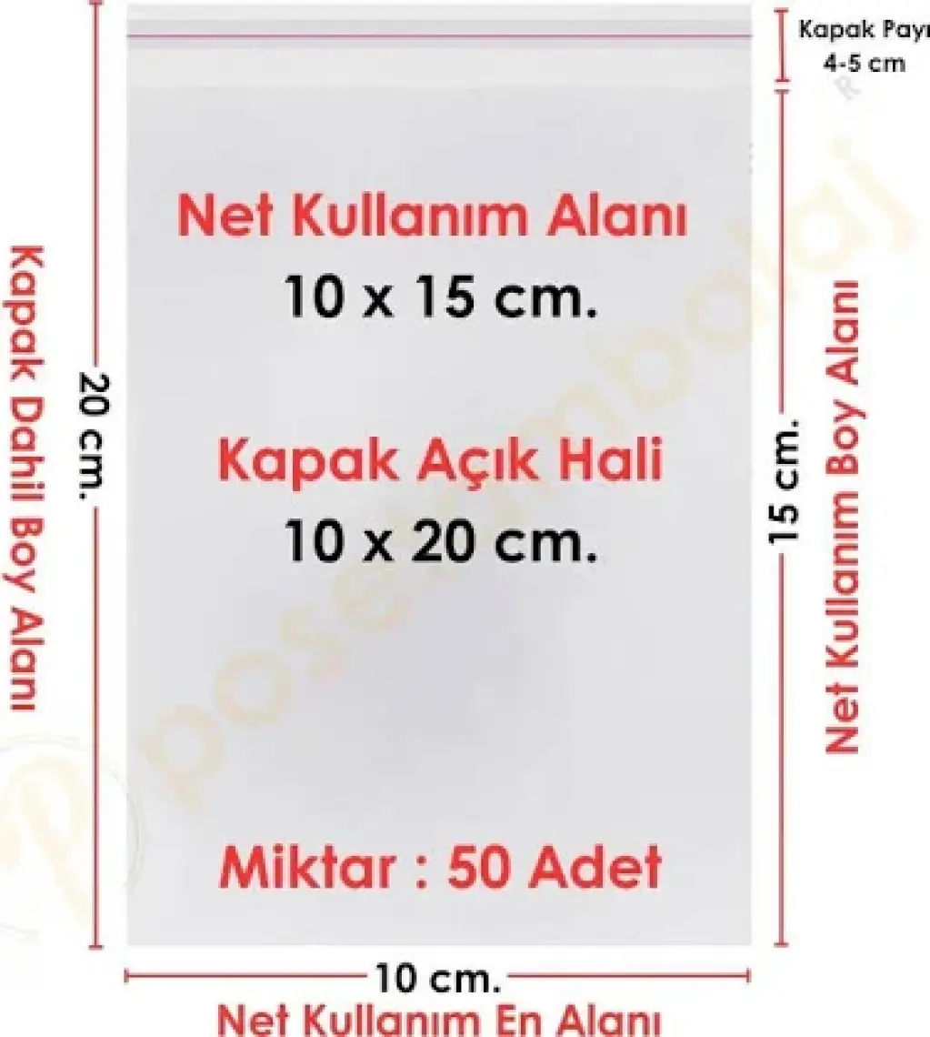 Carpcorn 10X15+5 Cm. (10*20) 50 Adet - Şeffaf Bantlı Yapışkanlı Jelatin Poşet