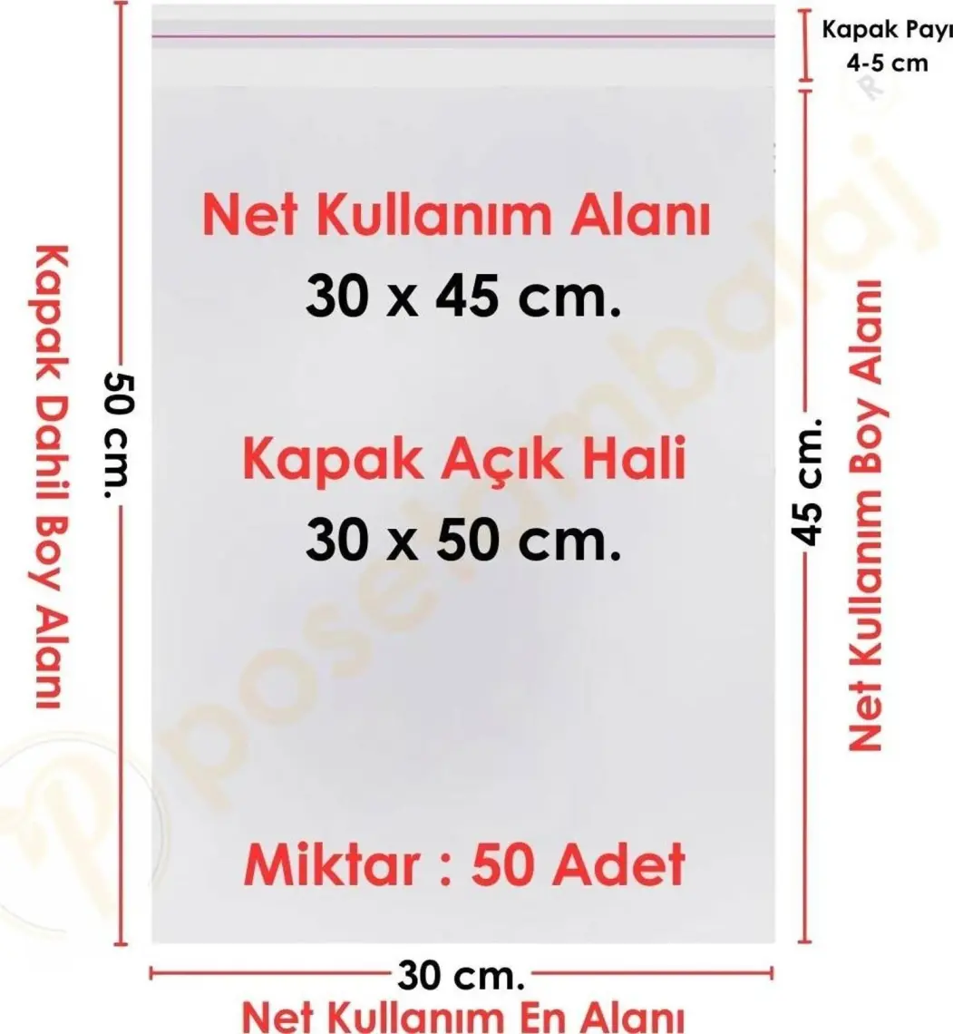 Carpcorn 30 cm x 50 cm Şeffaf Bantlı Jelatin - Yapışkanlı Poşet - 50'li