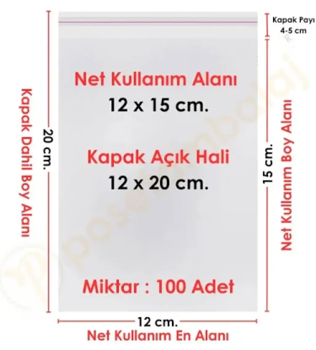 Carpcorn 12X15+5 Cm. (12*20) 100 Adet - Şeffaf Bantlı Yapışkanlı Opp Jelatin Poşet