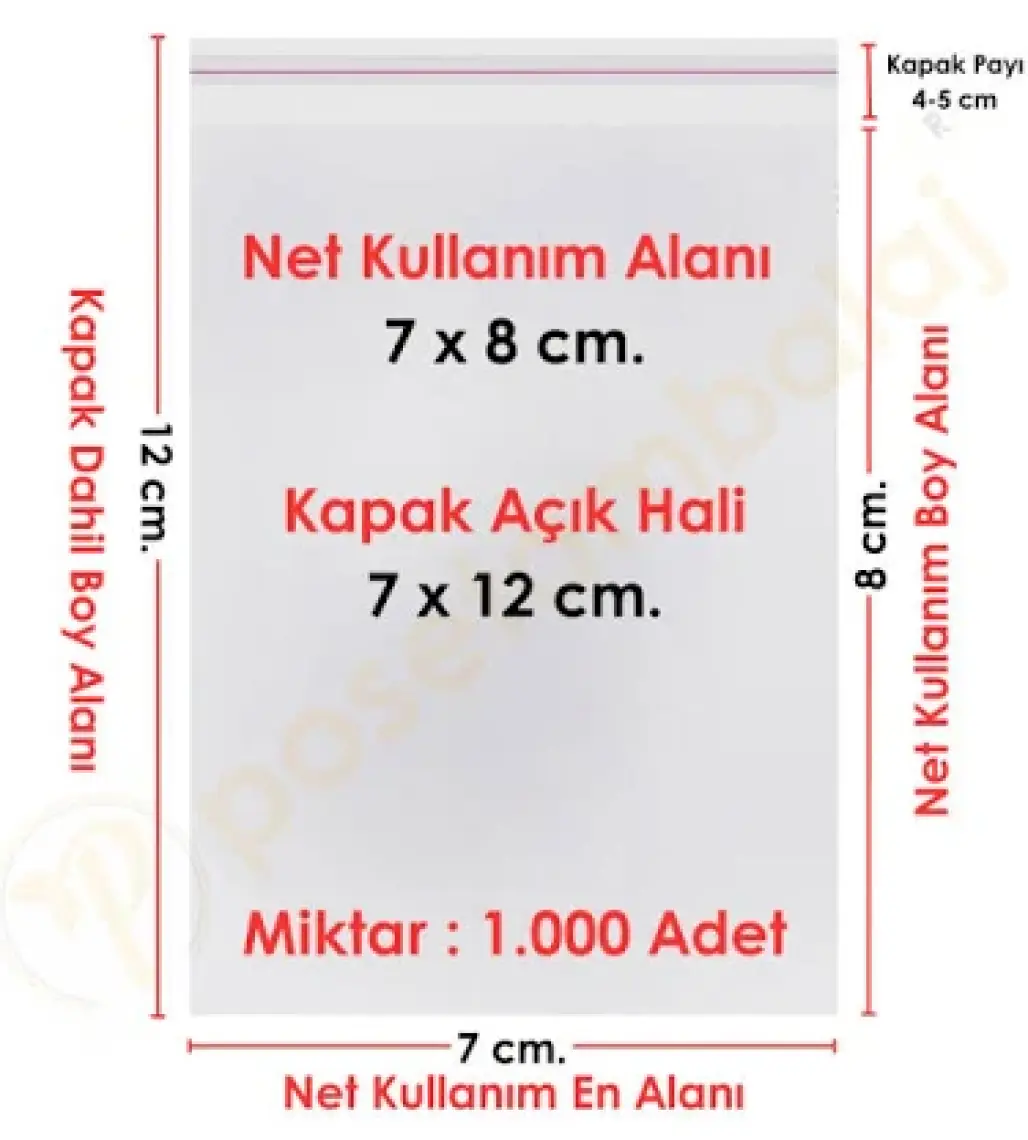 Carpcorn 7x8+4  cm (7*12) 1000 Adet Şeffaf Bantlı Yapışkanlı Jelatin Poşet