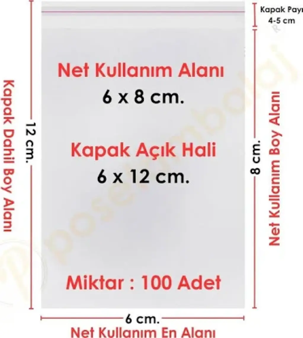 Carpcorn 6x8+4 Cm. (6*12) 100 Adet - Şeffaf Bantlı Yapışkanlı Opp Jelatin Poşet