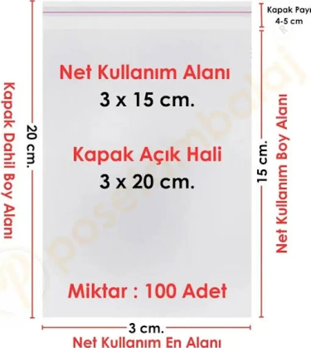 Carpcorn 3X15+5 Cm. (3*20) 100 Adet - Şeffaf Bantlı Yapışkanlı Opp Jelatin Poşet