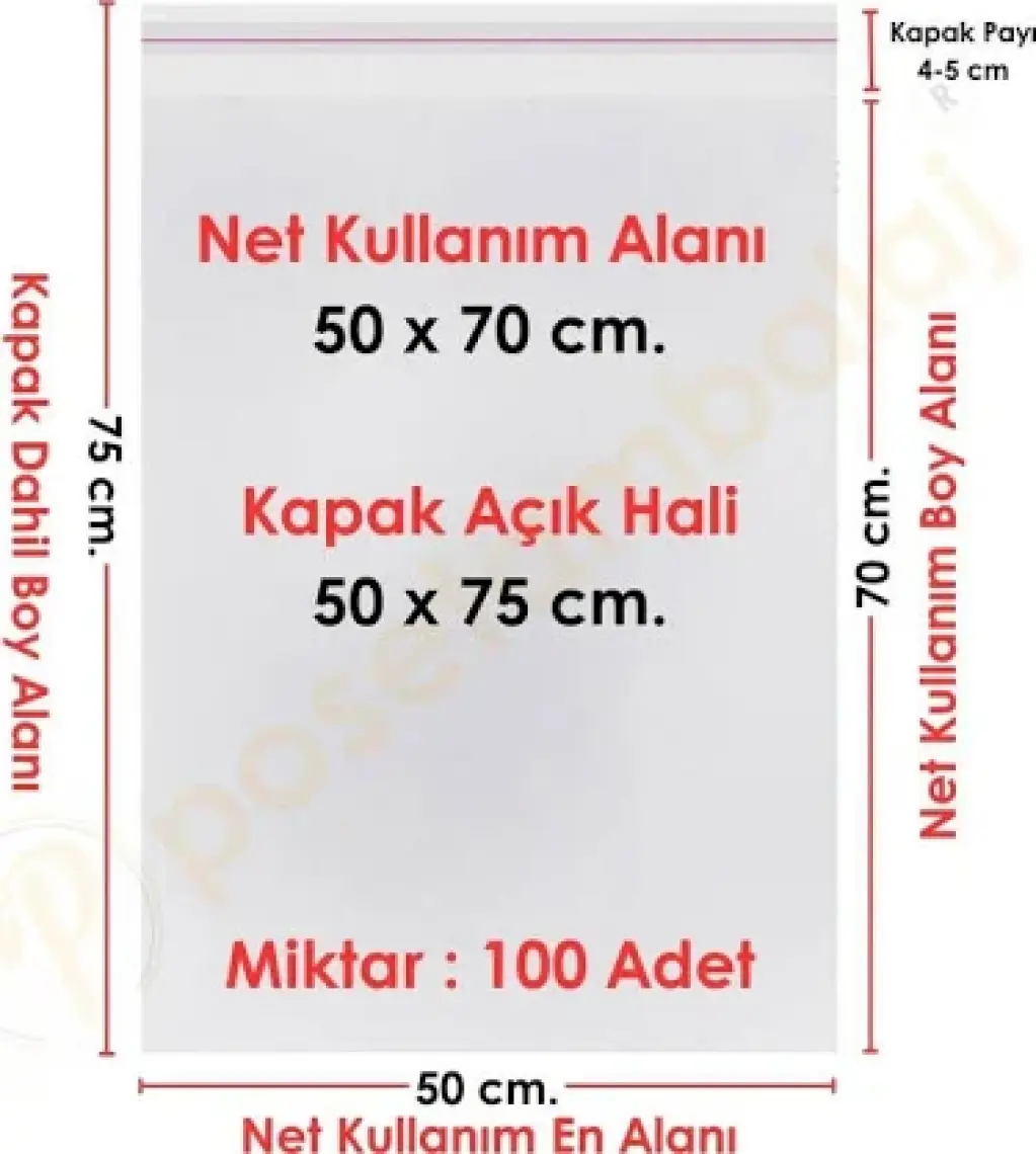 Carpcorn 50X70+5 Cm. (50*75) 100 Adet - Şeffaf Bantlı Yapışkanlı Opp Jelatin Poşet