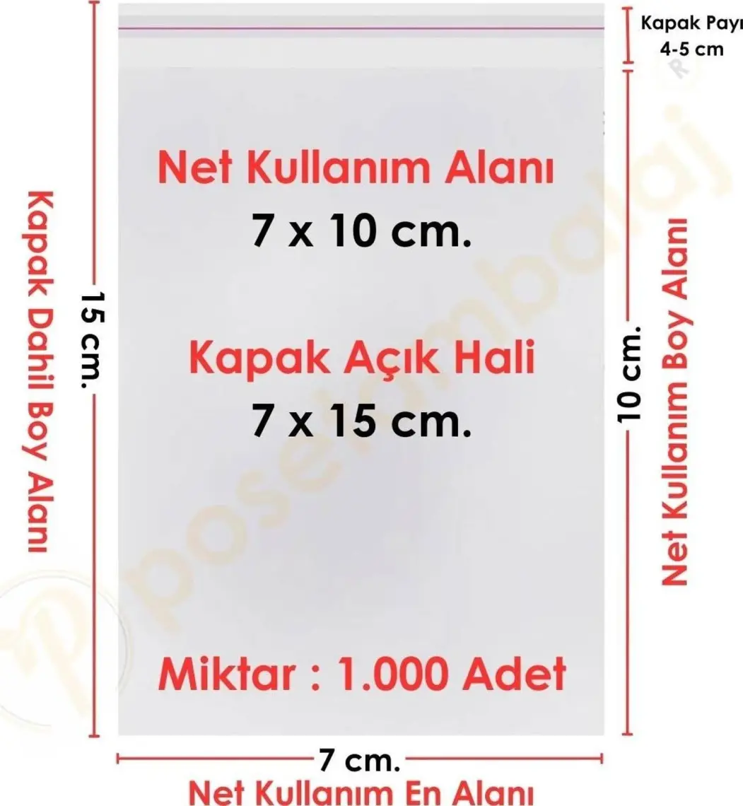 Carpcorn 7X10+5 Cm. (7*15) 1.000 Adet - Şeffaf Bantlı Yapışkanlı Opp Jelatin Poşet