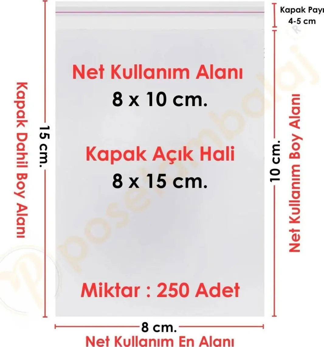 Carpcorn 8X10+5 cm (8*15) 250 Adet Şeffaf Bantlı Yapışkanlı Jelatin Poşet
