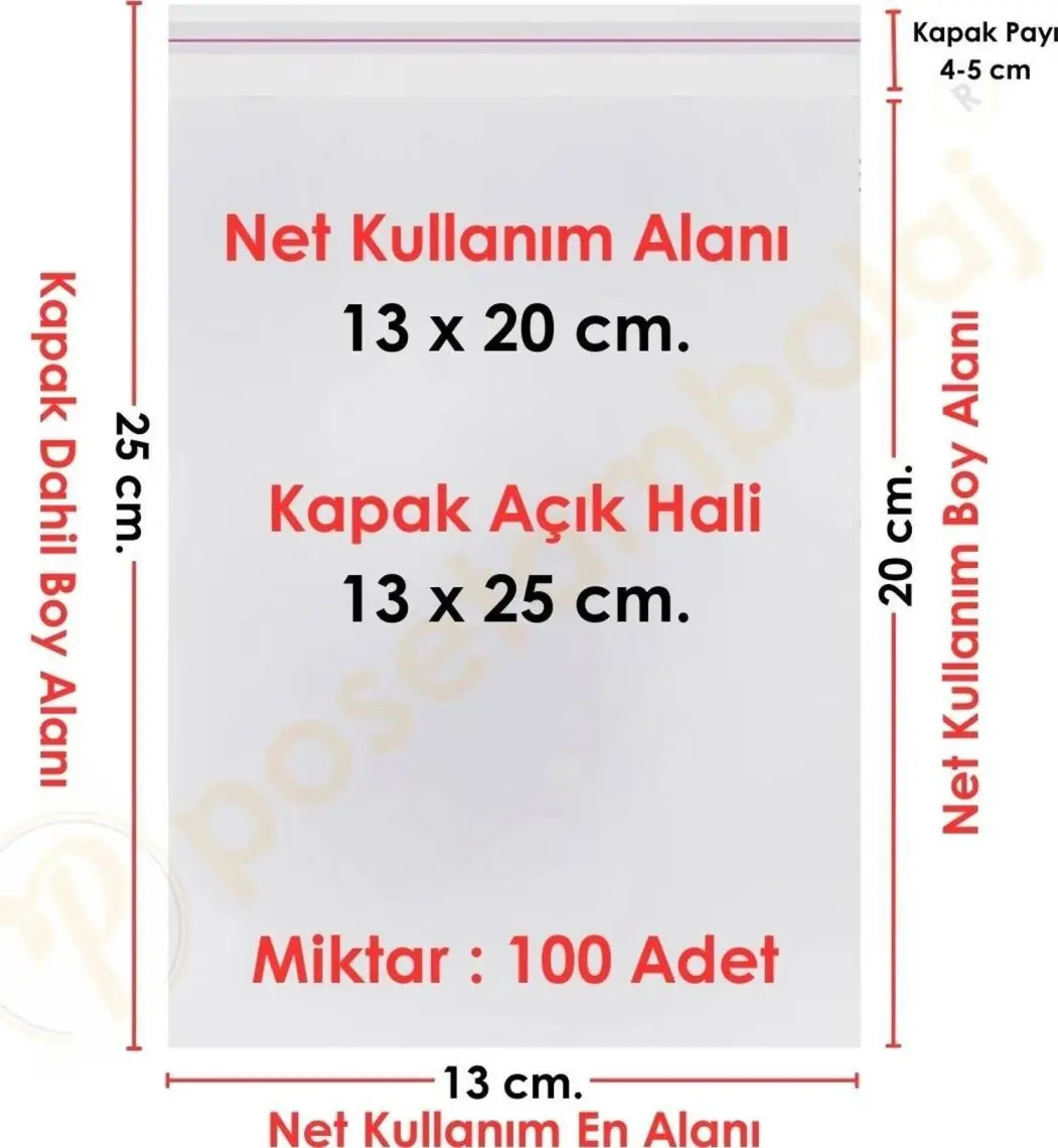 Carpcorn 13 x 20+5 cm 13 x 25 100'LÜ Şeffaf Bantlı Yapışkanlı Opp Jelatin Poşet