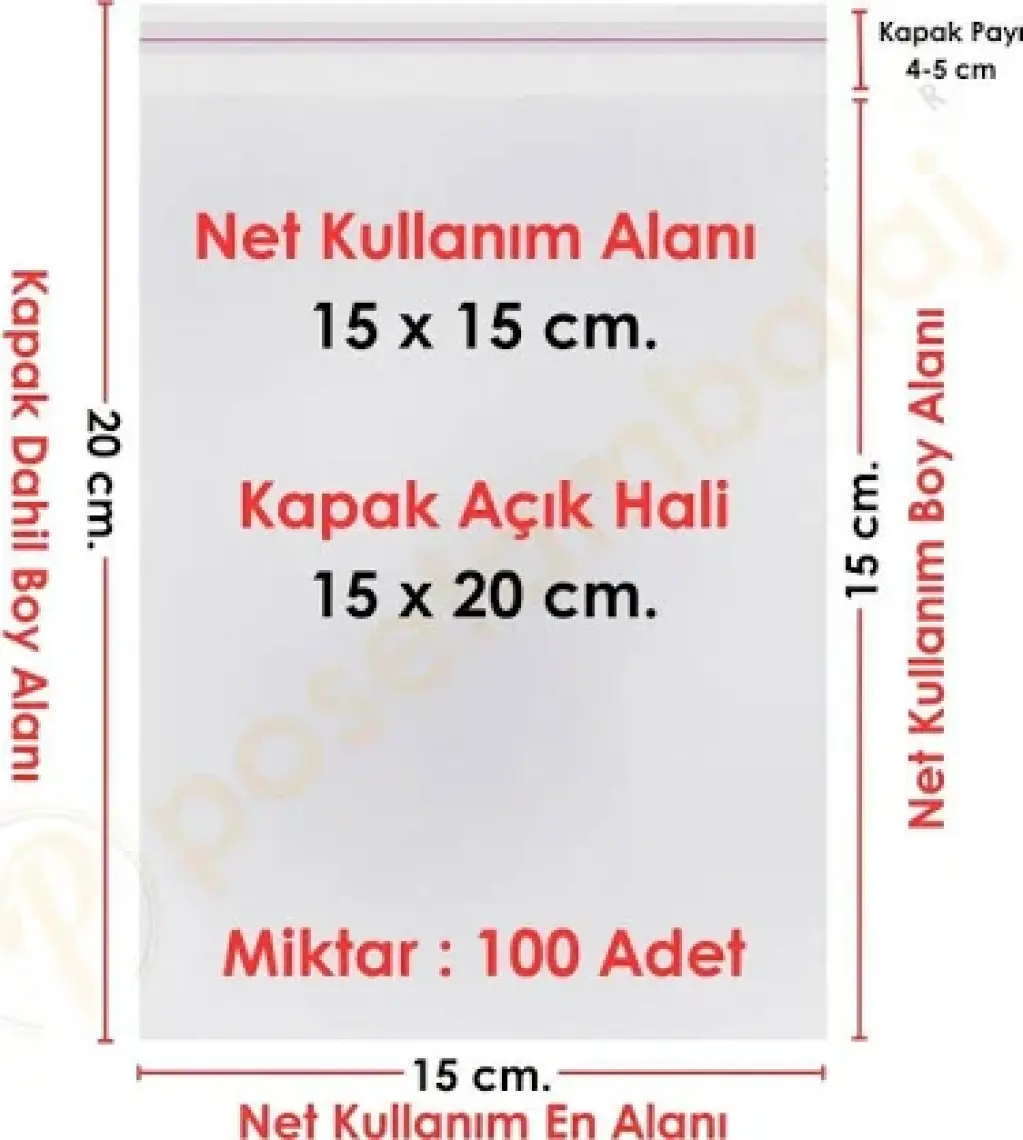 Carpcorn 15X15+5 cm (15*20) 100 Adet - Şeffaf Bantlı Yapışkanlı Opp Jelatin Poşet
