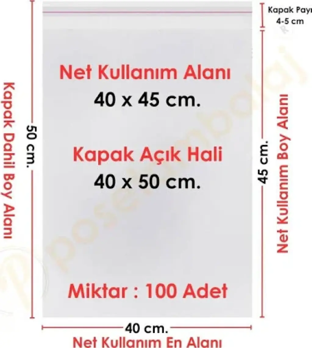 Carpcorn 40x45+5 cm.(40x50) 100 Adet Şeffaf Bantlı Yapışkanlı Jelatin Poşet