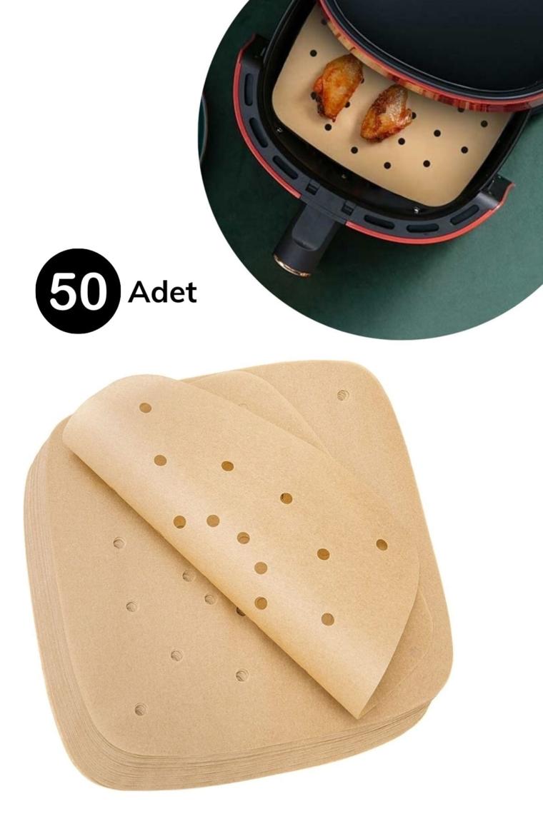 ® 50 Adet Air Fryer Pişirme Kağıdı Tek Kullanımlık Yağlı Kağıt Kare Delikli Model
