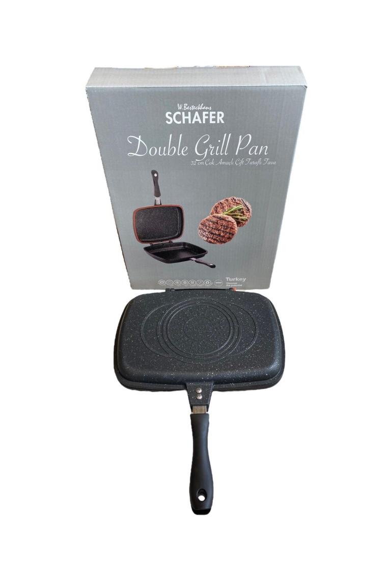Granit Kare Double Grill Pan 32 Cm - Siyah Çift Taraflı Kullanılabilen Ayrılabilen Ikiz Tava