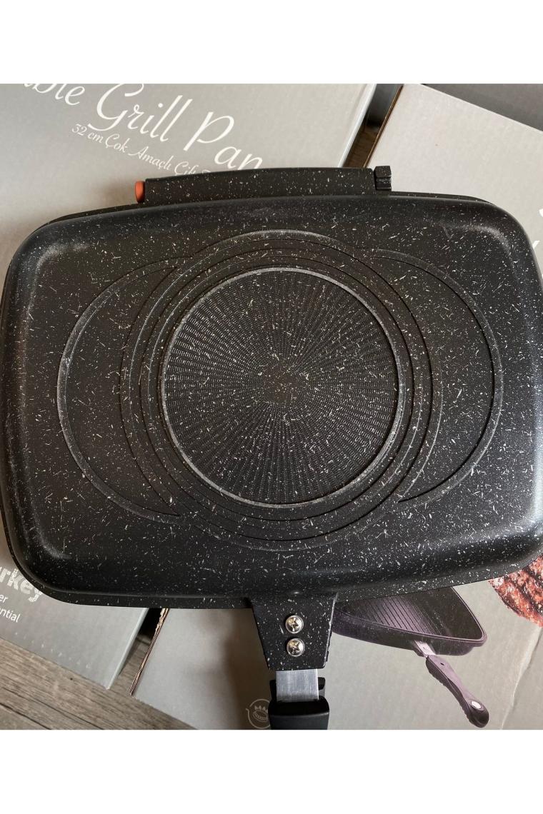 Granit Kare Double Grill Pan 32 Cm - Siyah Çift Taraflı Kullanılabilen Ayrılabilen Ikiz Tava