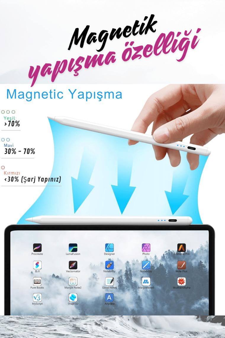 Fuchsia iPad Air 11 inç 6. Nesil M2 Çip Uyumlu Avuçiçi Red ve Eğim Özellikli Şarj Göstergeli Tablet Kalemi