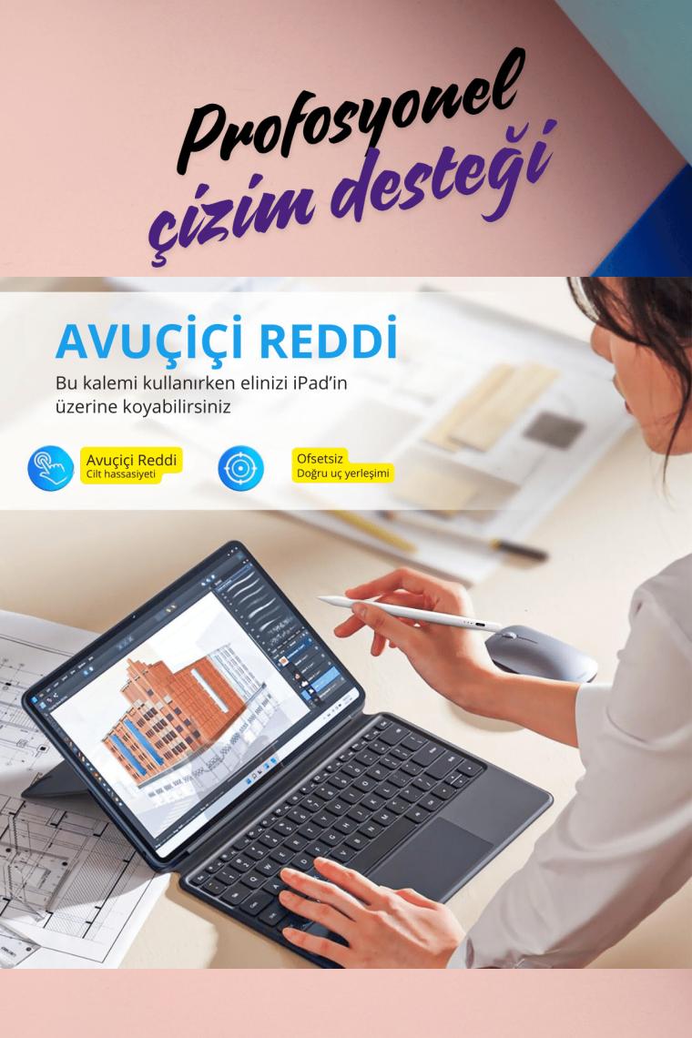 Fuchsia iPad Air 11 inç 6. Nesil M2 Çip Uyumlu Avuçiçi Red ve Eğim Özellikli Şarj Göstergeli Tablet Kalemi