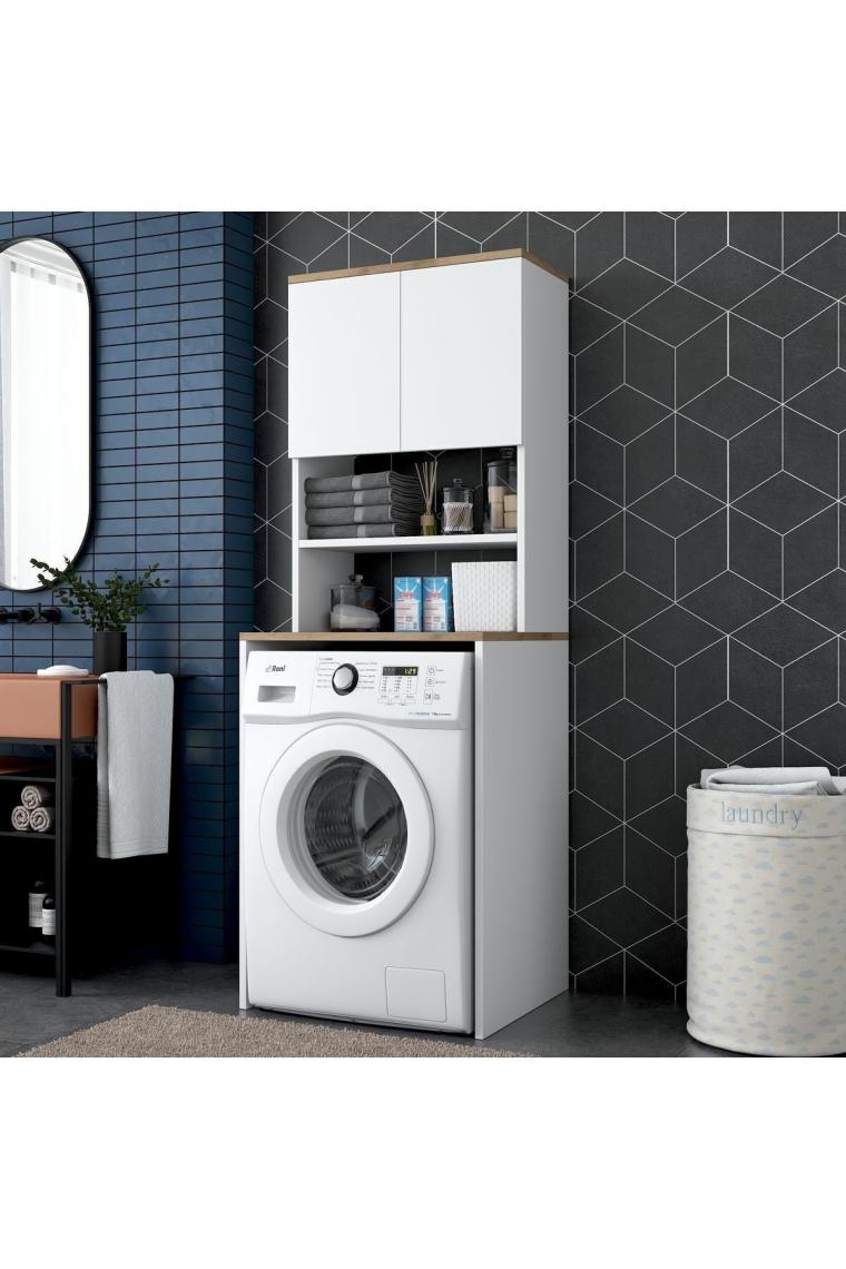 Rani Kd101 Çamaşır Makinesi Dolabı 3 Raflı Kapaklı Banyo Dolabı Beyaz - Sepet Ceviz
