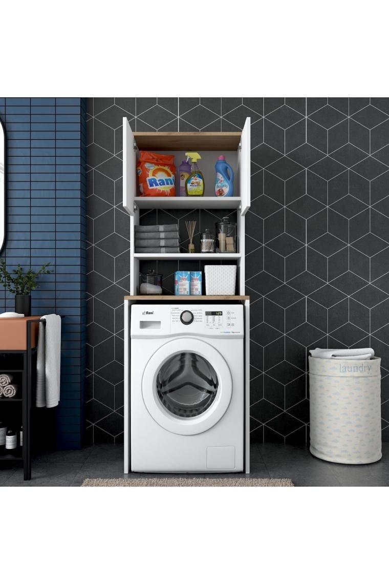 Rani Kd101 Çamaşır Makinesi Dolabı 3 Raflı Kapaklı Banyo Dolabı Beyaz - Sepet Ceviz