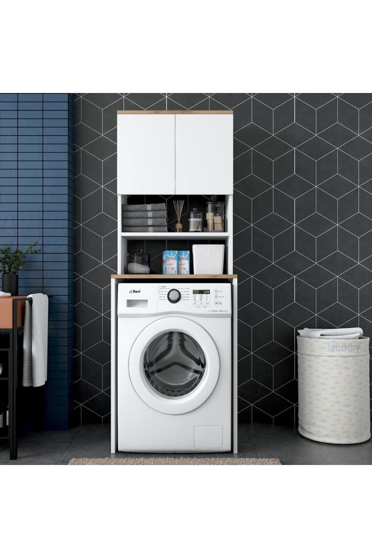 Rani Kd101 Çamaşır Makinesi Dolabı 3 Raflı Kapaklı Banyo Dolabı Beyaz - Sepet Ceviz