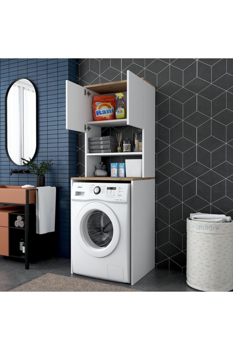 Rani Kd101 Çamaşır Makinesi Dolabı 3 Raflı Kapaklı Banyo Dolabı Beyaz - Sepet Ceviz