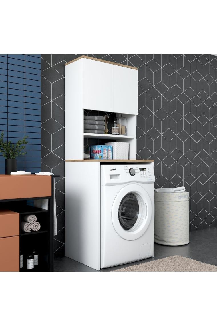 Rani Kd101 Çamaşır Makinesi Dolabı 3 Raflı Kapaklı Banyo Dolabı Beyaz - Sepet Ceviz