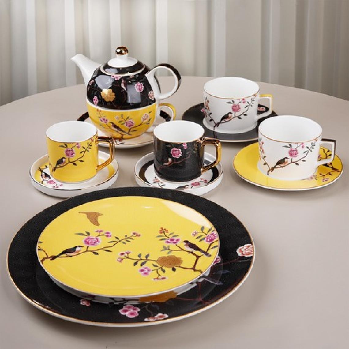 LuckyArt Lucile Siyah Sarı Kuş Desenli 6'lı Porselen Çay Fincanı Seti