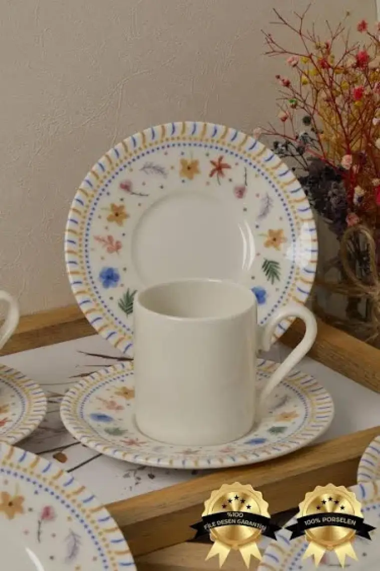 Heda Porselen Dalya 12 Parça 6 Kişilik Porselen Kahve Fincan Takımı