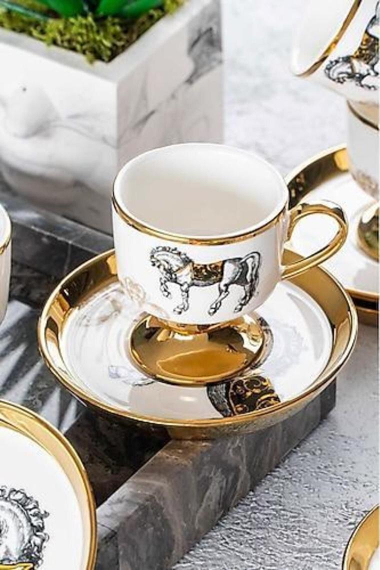 Lüx Versace Desen 6 Lı Porselen Ayaklı Fincan Takımı