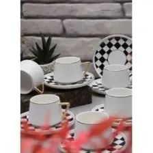 Rossev Türk Kahve Fincanı Dama Desen 6 Kişilik 12 Parça