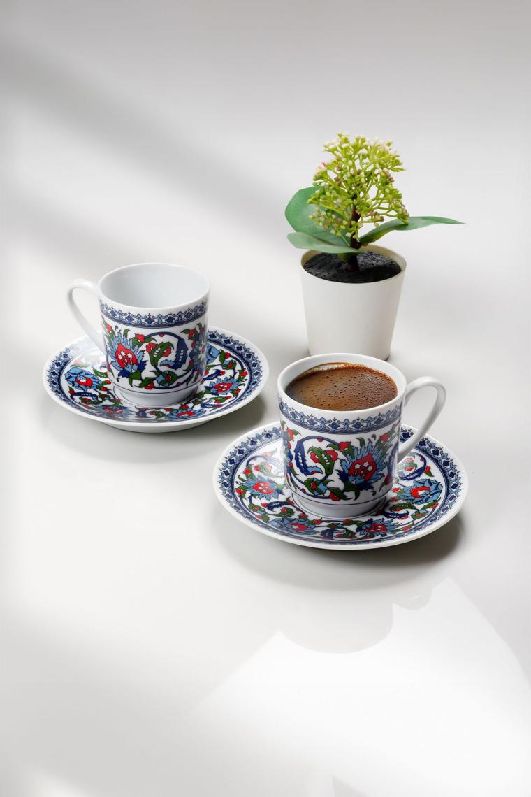 12 Parça Kahve Fincanı Takımı- 6 Kişilik Tabaklı Özel Desen Topkapı Fincan Takımı