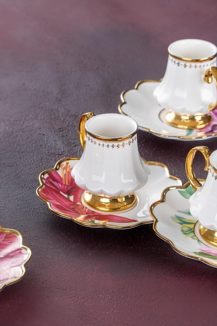 Sofiya Çiçek Desen Gold Yaldız 6 Kişilik 90 ml Porselen Kahve Fincanı Takımı 0208