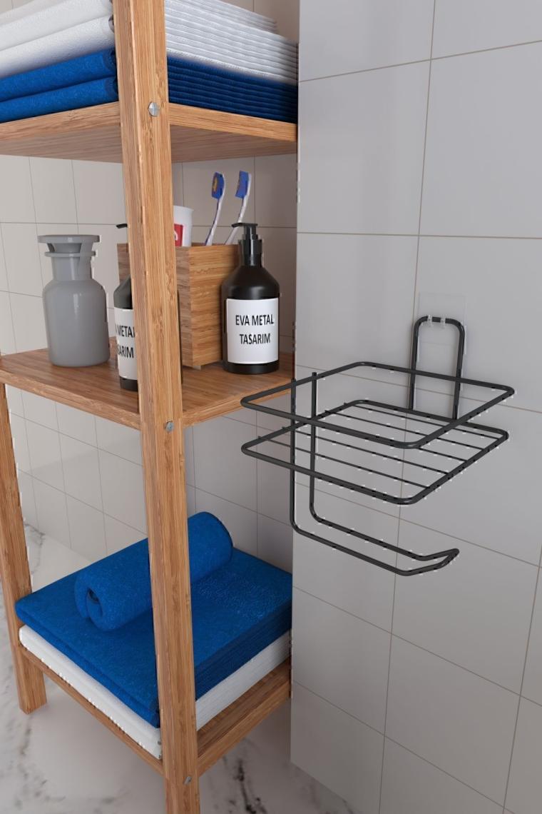 Buffer® Kendiliğinden Yapışkanlı Tuvalet Kağıdı Tutacağı ve Yedek Raf - Siyah Modern Metal Tasarım