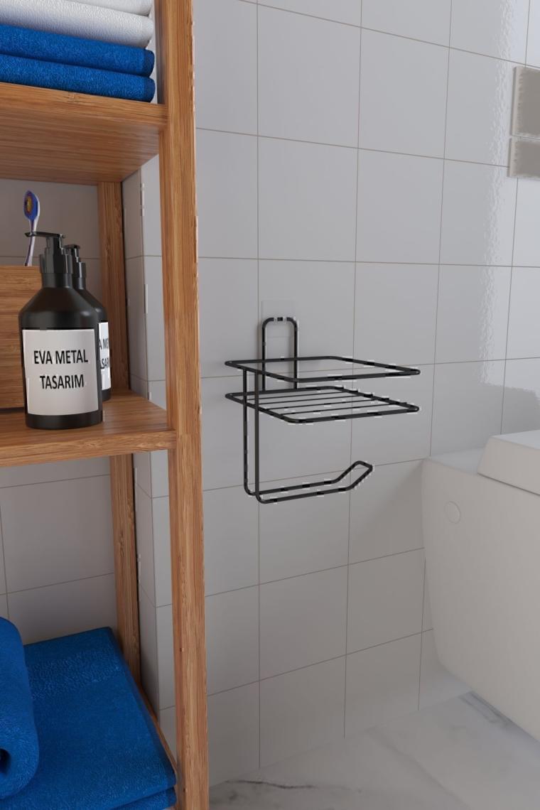 Buffer® Kendiliğinden Yapışkanlı Tuvalet Kağıdı Tutacağı ve Yedek Raf - Siyah Modern Metal Tasarım