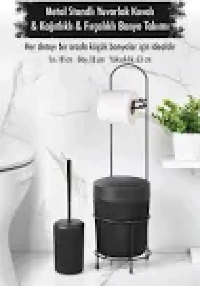 EW's Kitchenware Metal Standlı Yuvarlak Kovalı & Kağıtlıklı & Fırçalıklı Siyah Banyo Takımı