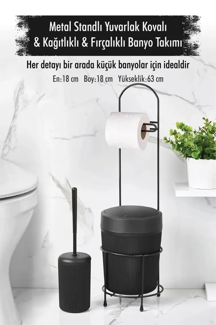 EW's Kitchenware Metal Standlı Yuvarlak Kovalı & Kağıtlıklı & Fırçalıklı Siyah Banyo Takımı