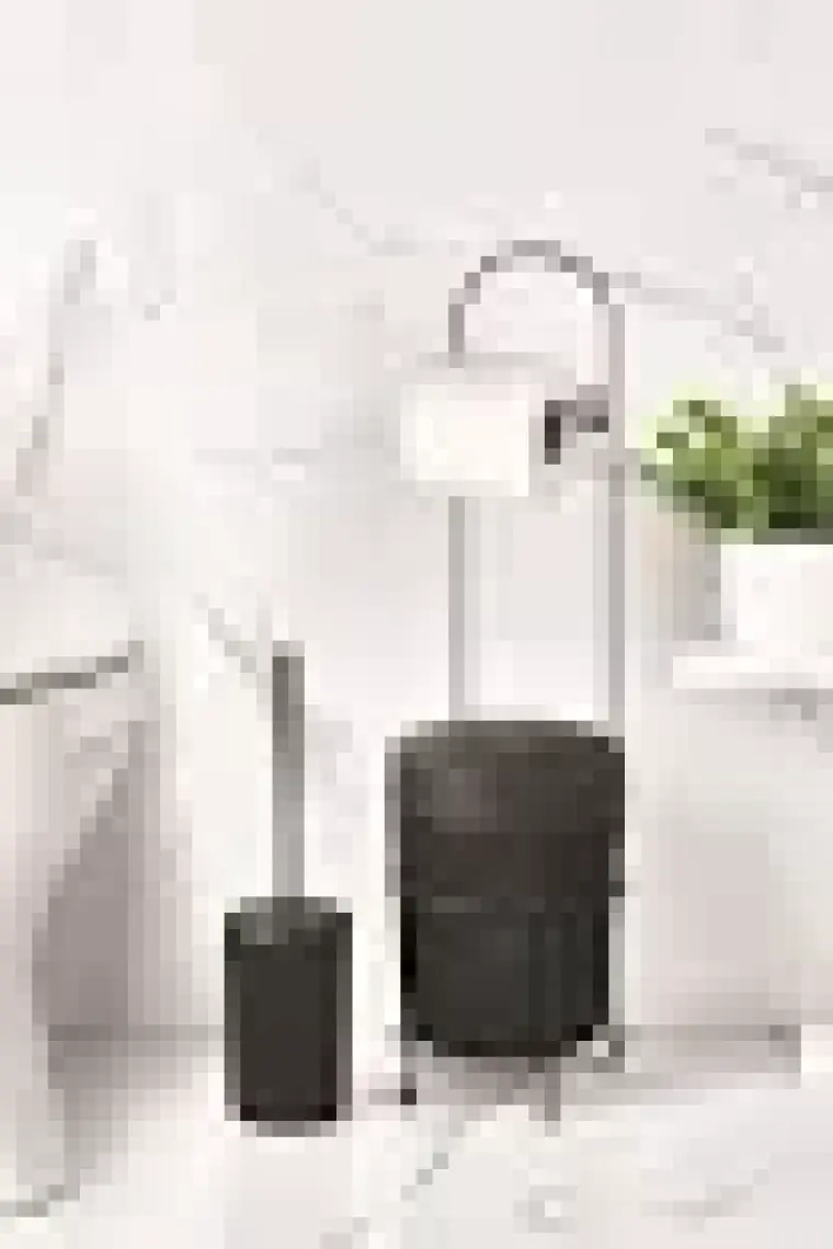 EW's Kitchenware Metal Standlı Yuvarlak Kovalı & Kağıtlıklı & Fırçalıklı Siyah Banyo Takımı