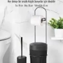 EW's Kitchenware Metal Standlı Yuvarlak Kovalı & Kağıtlıklı & Fırçalıklı Siyah Banyo Takımı