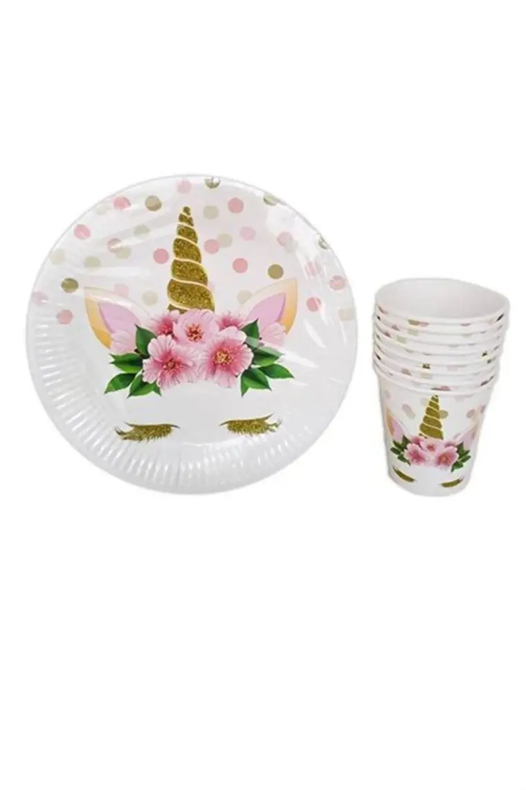 Çıtı Pıtı Store 8'li Karton Tabak ve Bardak Çiçekli Unicorn