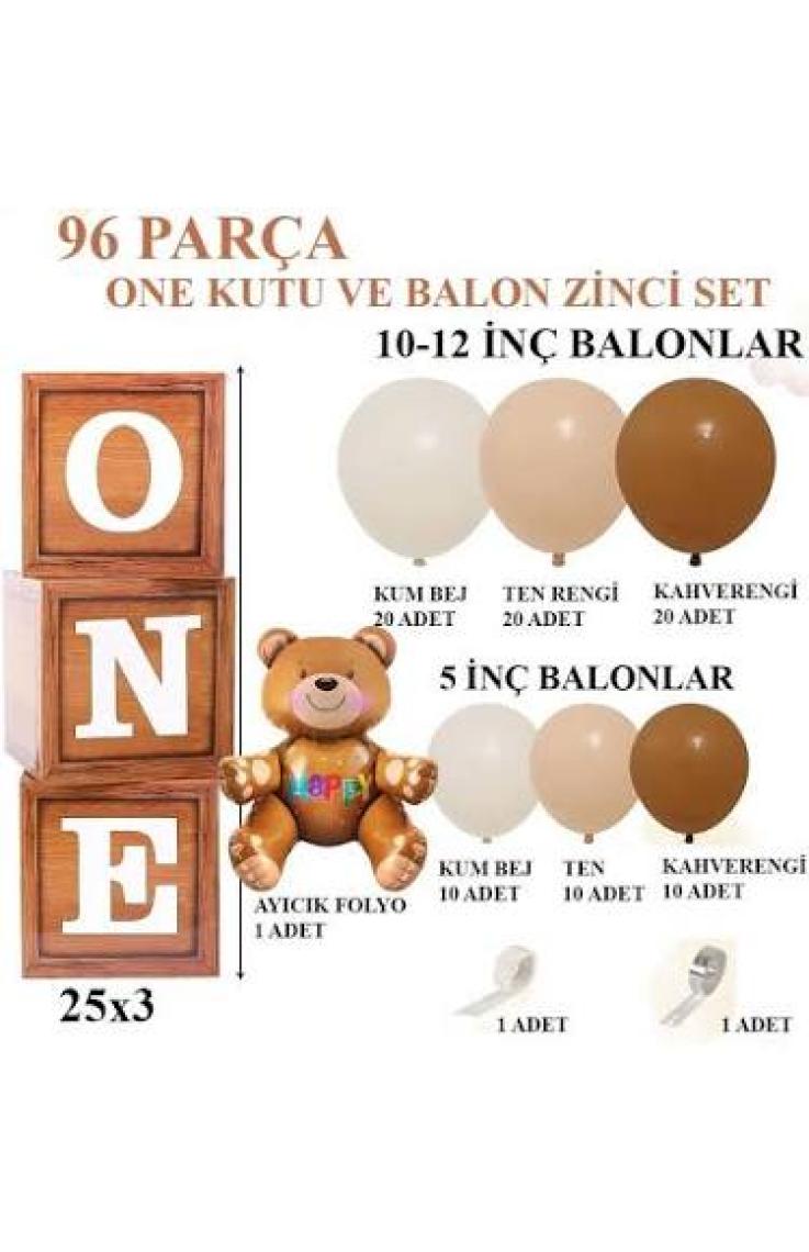 Patladı Gitti Oyuncak Ayı Temalı 1 Yaş Doğum Günü Seti; Ahşap Görünümlü One Kutu, Ayıcık Folyo ve Retro Balon Zincir Set