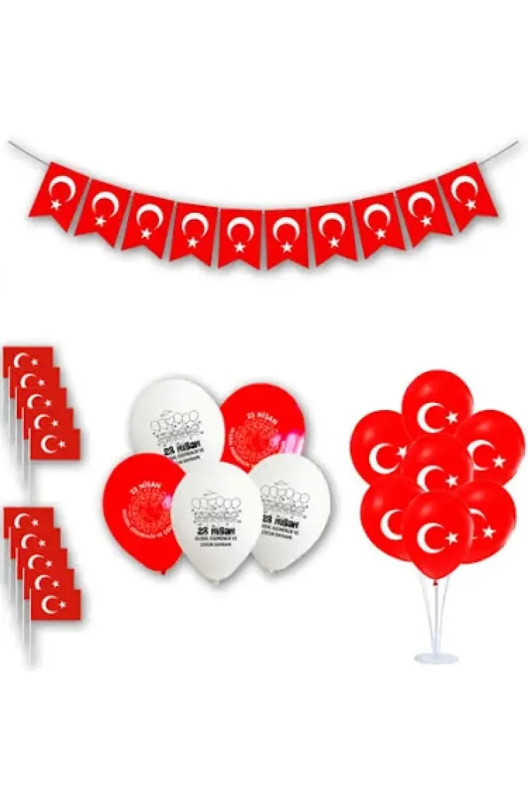 Parti Furyası 23 Nisan Süsleri Kapı Süsü-Zigzak Banner-Pencere Süsü-Dekoratif El Ele Çocuklar ve Ay Yıldız Baskılı Balon 10 Lu 23 Nisan 29 Ekim Bayram Süsleri