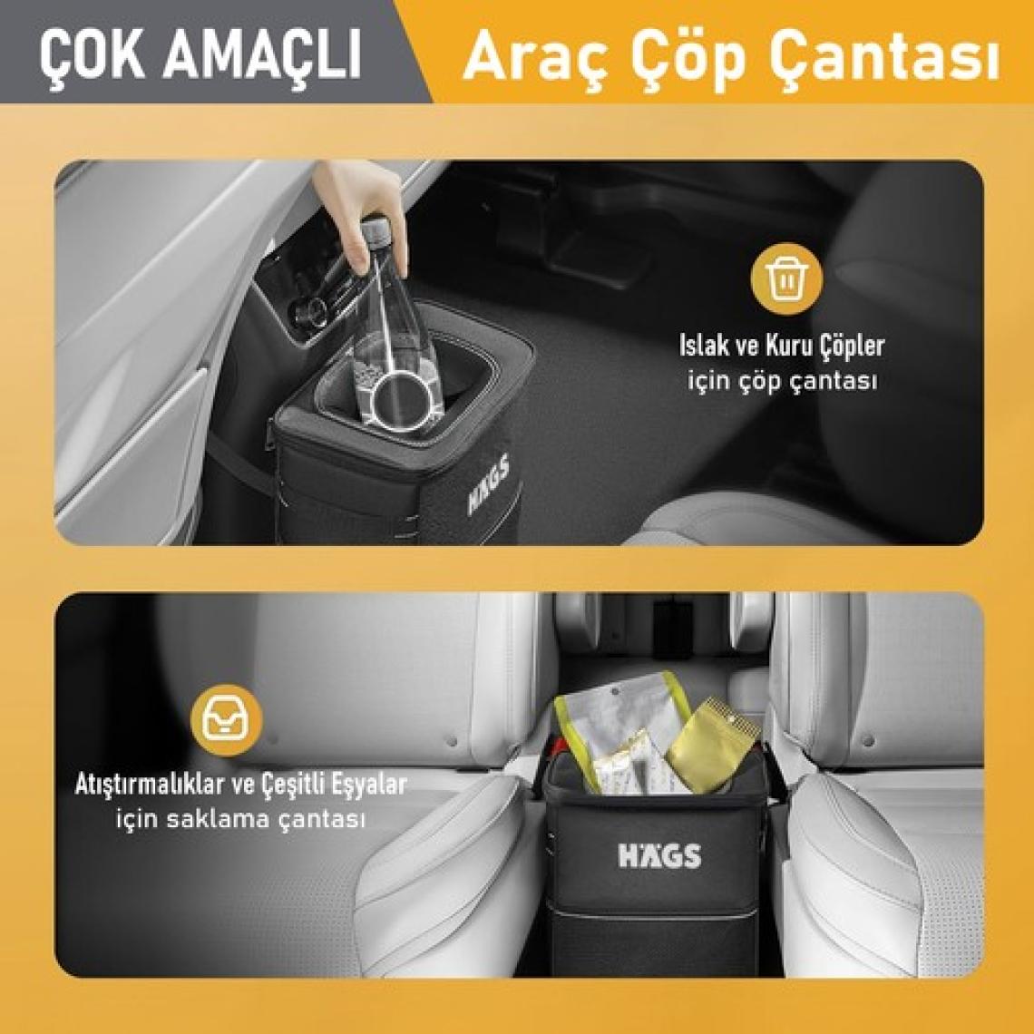 Haegs Araç Çöp Kovası, Oto Çöp ÇantAI -Araba Çöp Kutusu, Araç Organizer Araç Içi Düzenleyici Çanta 8 Lt Siyah