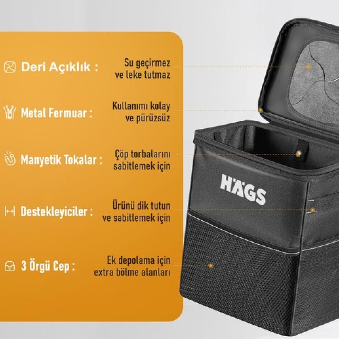 Haegs Araç Çöp Kovası, Oto Çöp ÇantAI -Araba Çöp Kutusu, Araç Organizer Araç Içi Düzenleyici Çanta 8 Lt Siyah