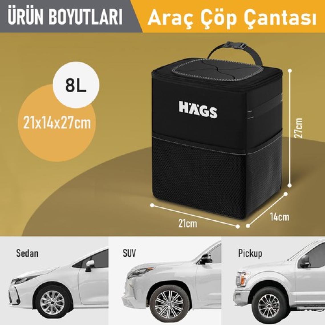 Haegs Araç Çöp Kovası, Oto Çöp ÇantAI -Araba Çöp Kutusu, Araç Organizer Araç Içi Düzenleyici Çanta 8 Lt Siyah