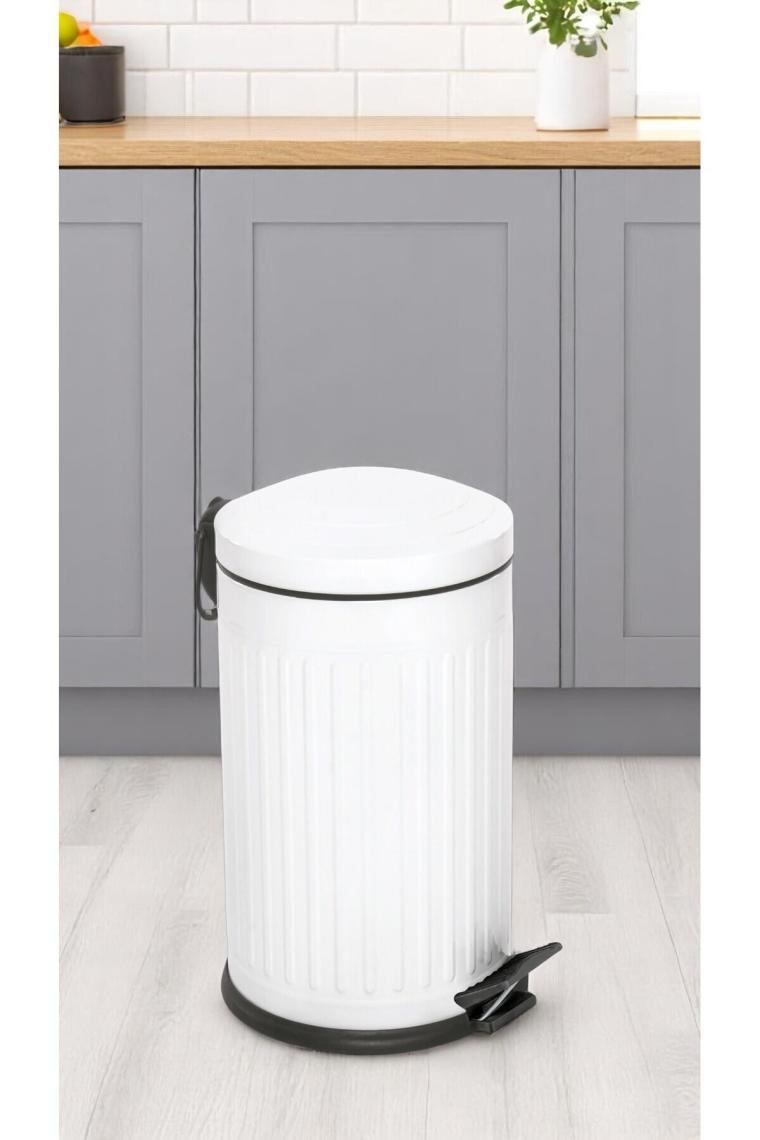 16 Litre Vitange Çizgili Beyaz Pedallı Çöp Kovası-Metal Çöp Kovası