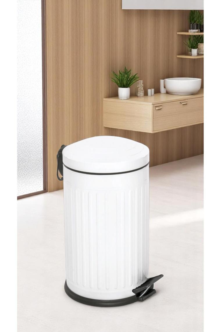 16 Litre Vitange Çizgili Beyaz Pedallı Çöp Kovası-Metal Çöp Kovası