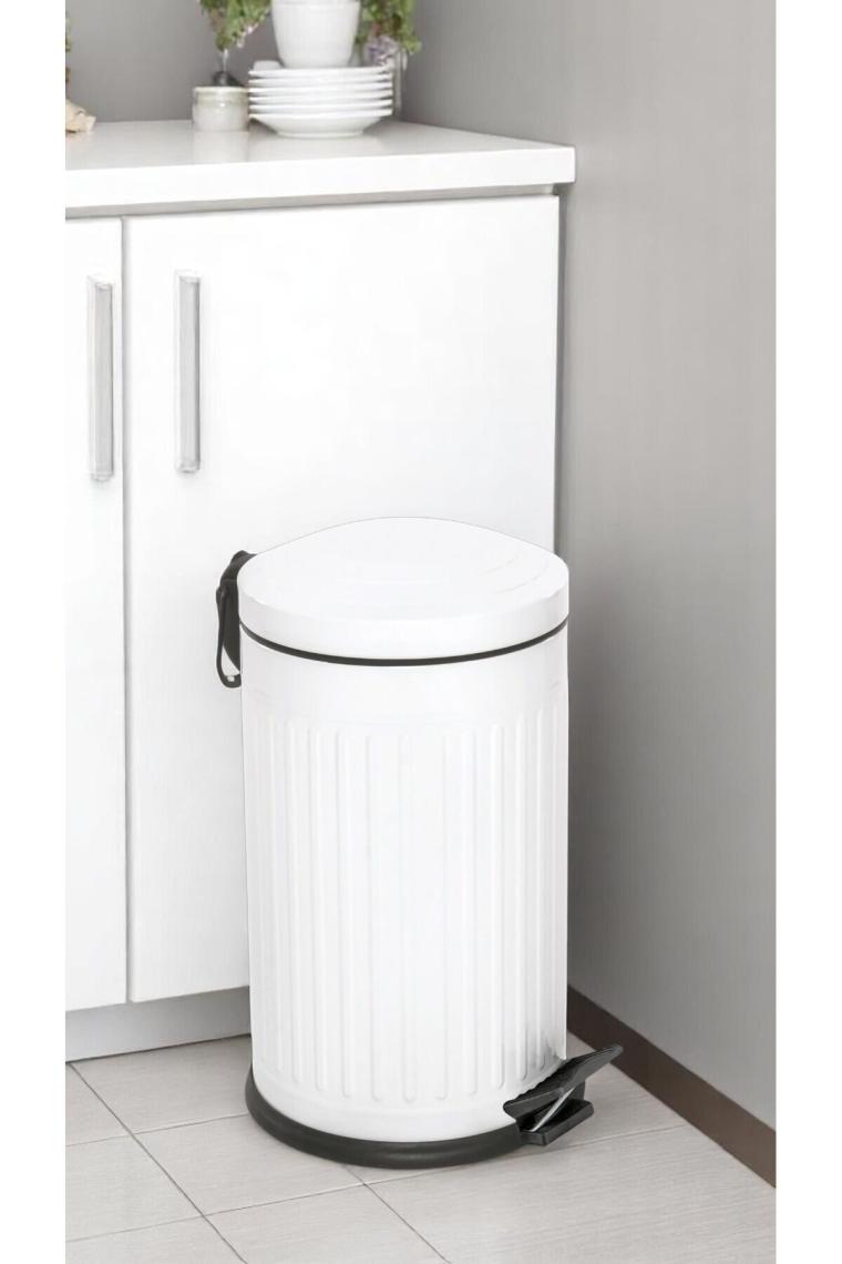 16 Litre Vitange Çizgili Beyaz Pedallı Çöp Kovası-Metal Çöp Kovası