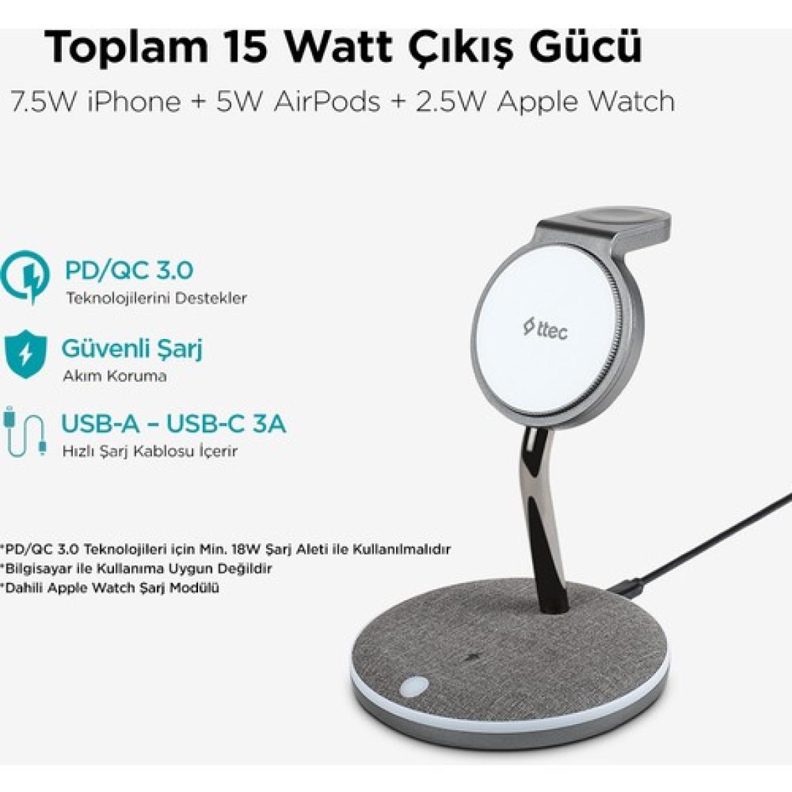 Ttec 2KS20 AirCharger Trio M MagSafe Uyumlu 3in1 Kablosuz Hızlı Şarj Aleti