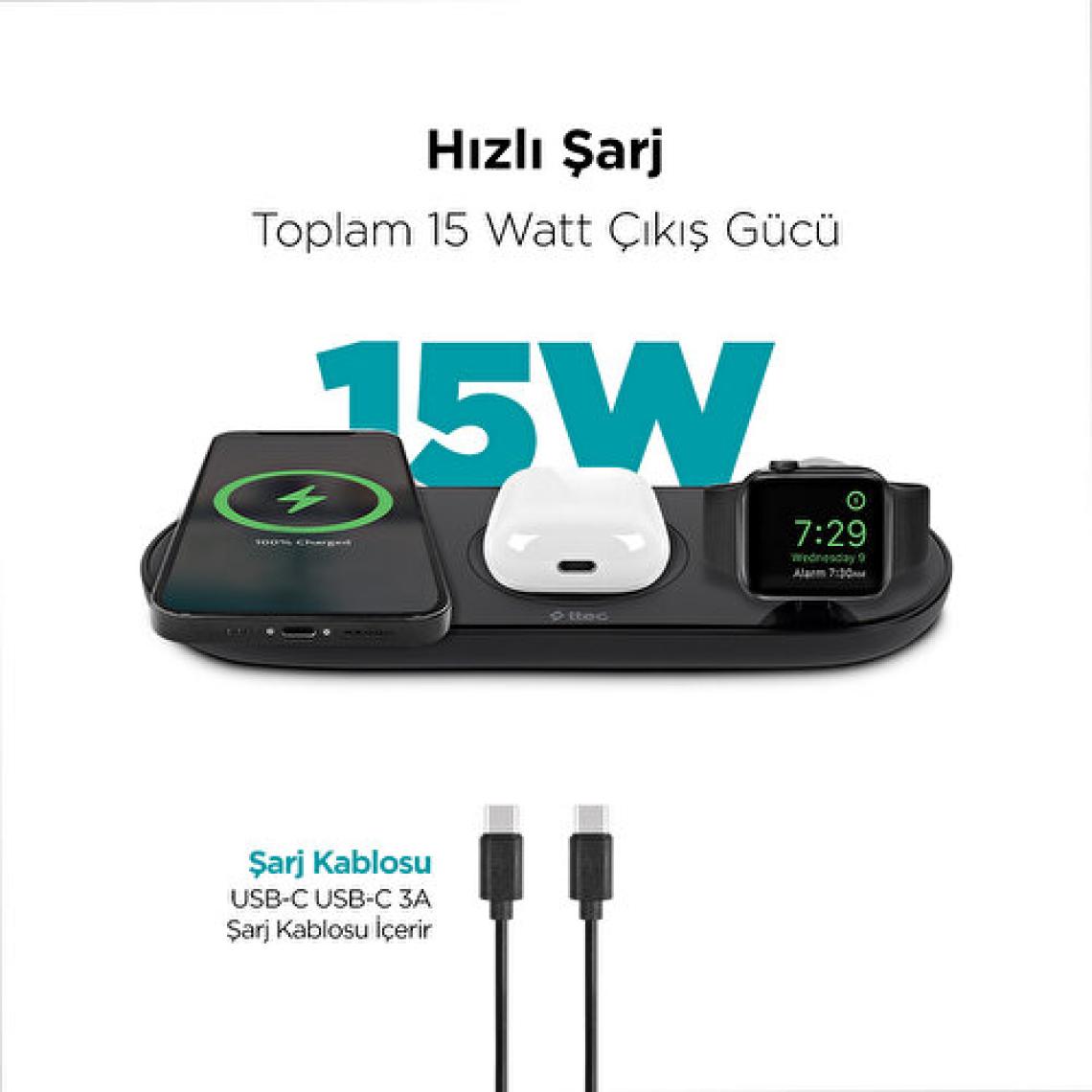 ttec AirCharger Trio 3’ü 1 Arada iPhone + Apple Watch + AirPods Kablosuz Hızlı Şarj Aleti-Siyah