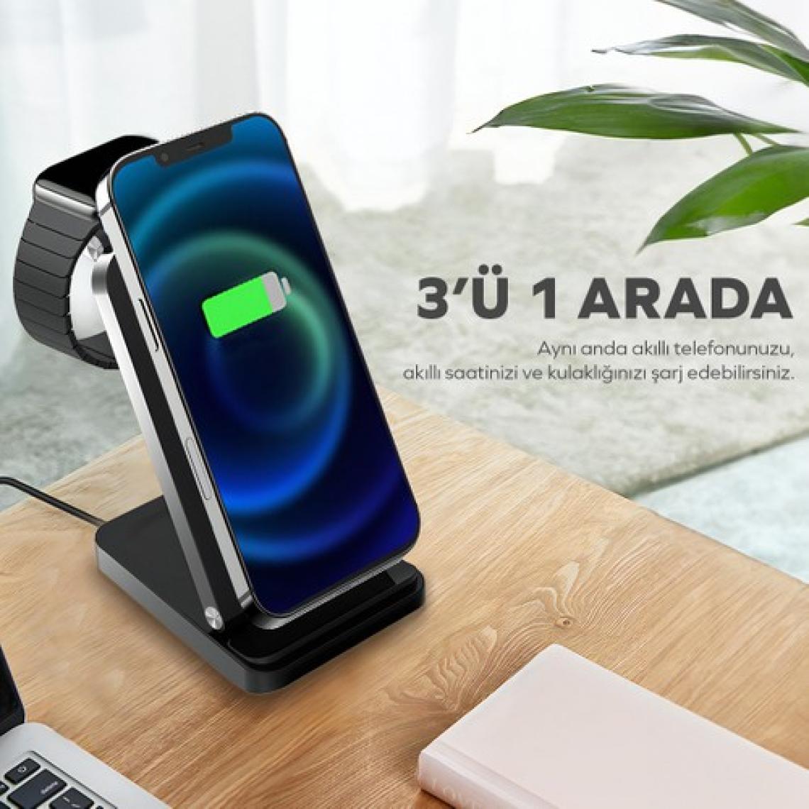 Woyax By Deji Iphone-Watch ve Magsafe Uyumlu Katlanabilir 15W Hızlı Wireless Kablosuz Şarj Standı