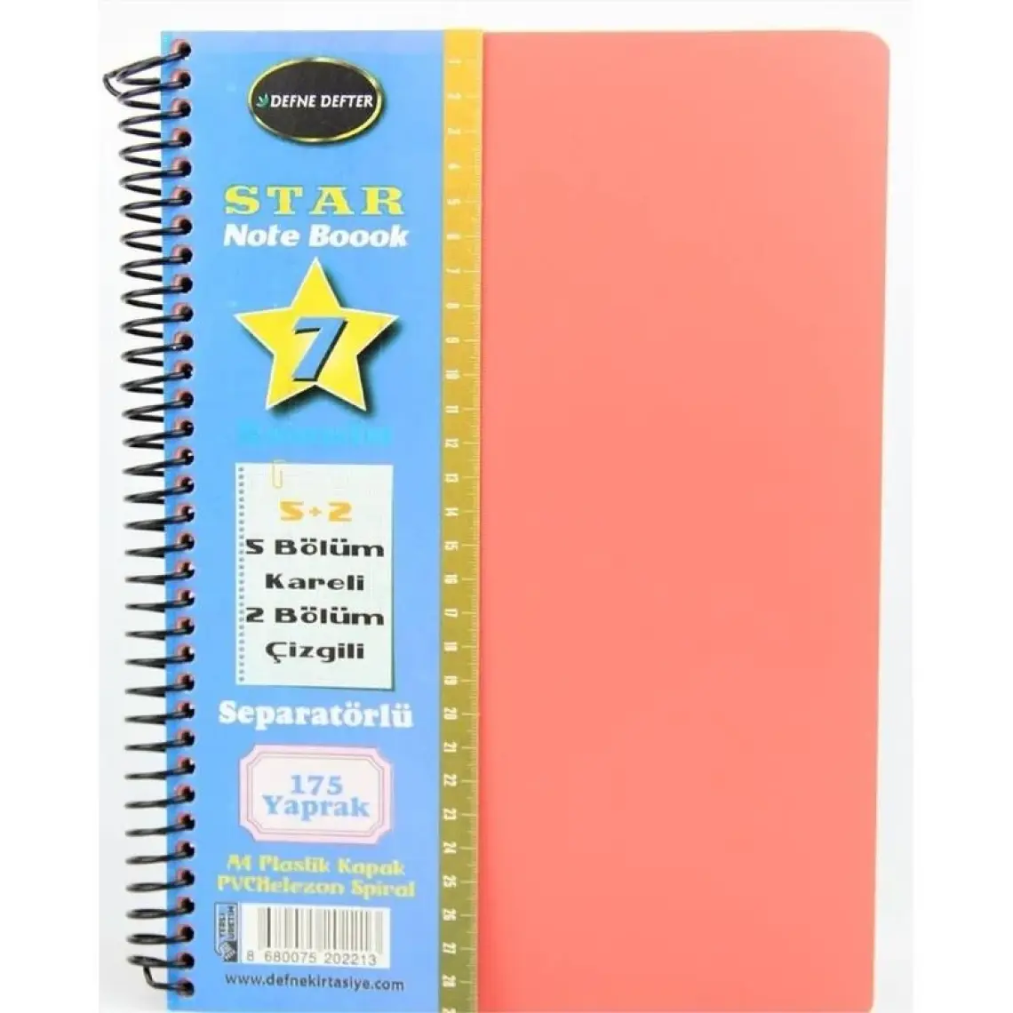 Defne Star Spiralli A4 Plastik Kapak Ayraçlı Defter 5 Kareli+2 Çizgili 175 Yaprak