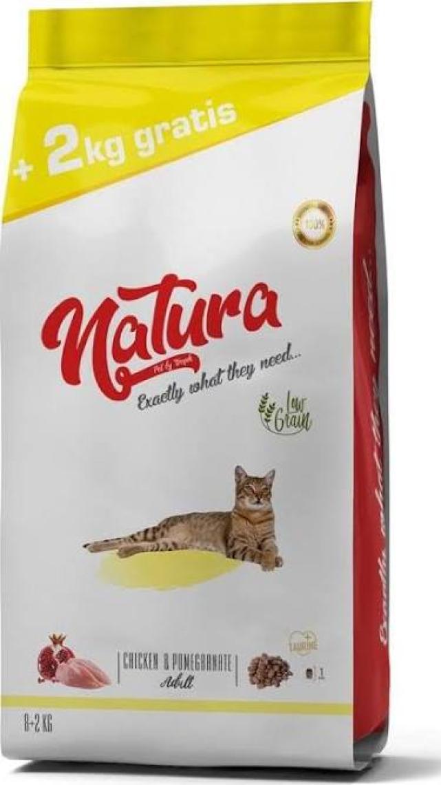 Natura Adult Düşük Tahıllı Düşük Tahıllı Tavuk ve Narlı Kedi Maması 8 kg + 2 kg Armağan