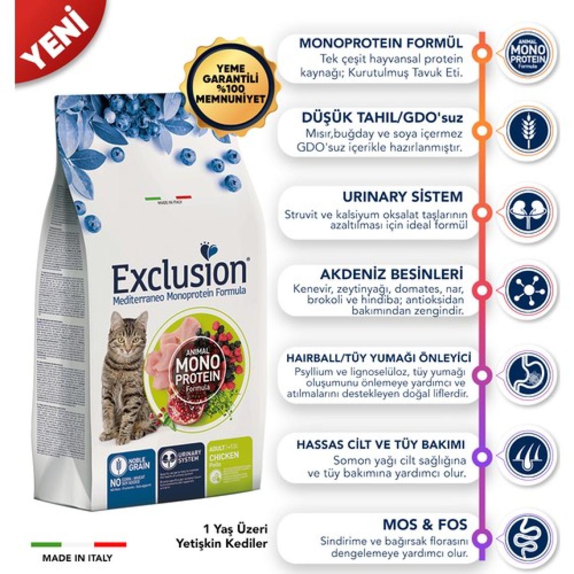 Exclusion Monoprotein Düşük Tahıllı Tavuklu 1.5 kg Yetişkin Kedi Maması