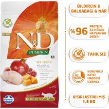 N&D Pumpkin Tahılsız Bıldırcın Etli Balkabaklı ve Narlı Kısırlaştırılmış 1.5 kg Yetişkin Kuru Kedi Maması